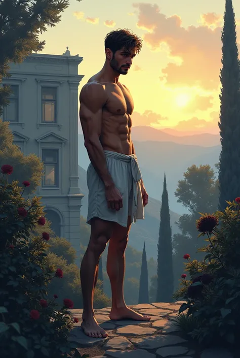 illustration that evoke stoicism men from 25 years old, shirtless, barefoot, strong, slim body Importance of Reason Style: Scientific realism, with a focus on detail and precision. Color palette: Cool, neutral tones (navy blue, gray, white) to convey clari...