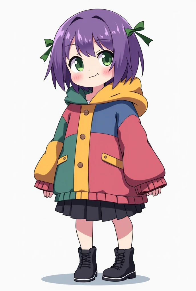 
1 girl,Alone, Short Hair, Smuggy face, PNG background, Anime style,Full body view, black shoes, Frog Hands green and yellow, left eye green, right eye purple, purple hair with green details, oversized colorful coat, smirking, flat design, 2D design, minimal shading, illustration cool, super fine illustration