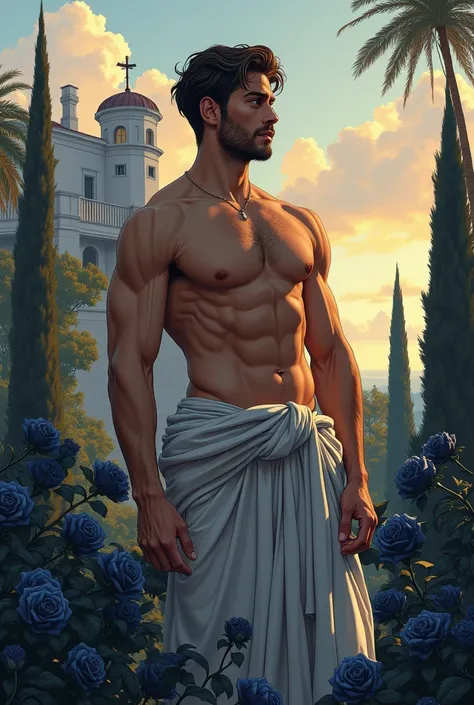 illustration that evoke stoicism men from 25 years old, shirtless, barefoot, strong, slim body Importance of Reason Style: Scientific realism, with a focus on detail and precision. Color palette: Cool, neutral tones (navy blue, gray, white) to convey clari...