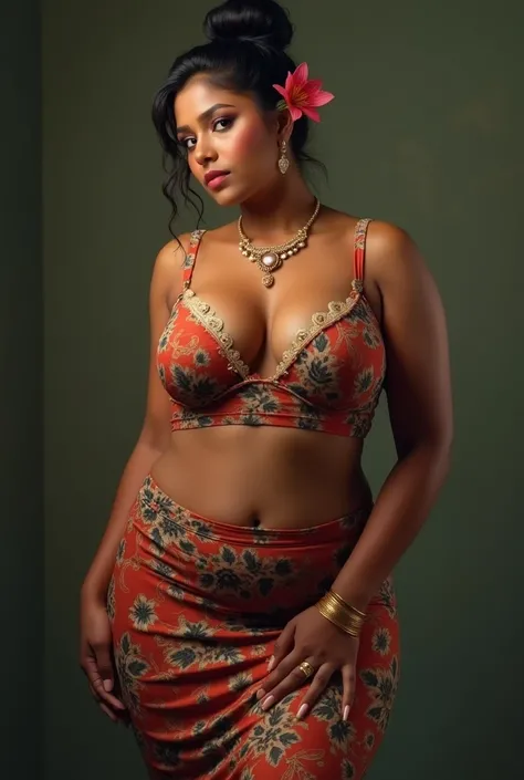 Sri lankan aunty 42 years old sexy figure fat body hairbun wearin flower pattern tight bodycon bra hot stomach 