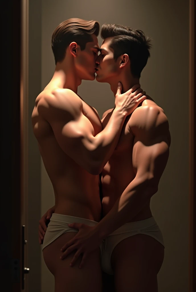 Two men in underwear kissing each other 