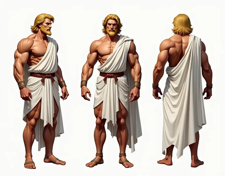 ( Masterpiece), ultra detailed, 3 views, Character view ( front view,  side view ,  back view ), ( detailed character sheet ) , reference sketch of a god , god of Greek mythology,  His physical appearance is often described as a person of strong, muscular ...