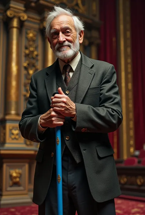 Create an image of an old man holding a cane on top of a concert stage a stick with blue