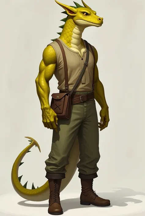 Crie um personagem draconiano de Dungeons & dragons, color matte yellow , average height with short and middle class clothes