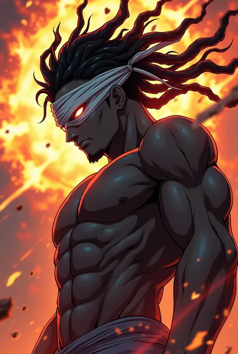  Create a male anime character aged 40, serious appearance, Black skin hair with dread , with bandage covering the eyes .
 Make him in combat position, with an aura of power .