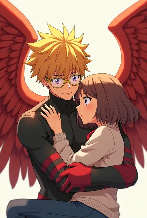 Keigo Takami, a character from the anime series My Hero Academia , a blond man,with big red wings, yellow glasses on the head and a peculiar outline as it was designed in that anime, hugging a girl with a fair complexion, lilac eyes and light brown hair wi...