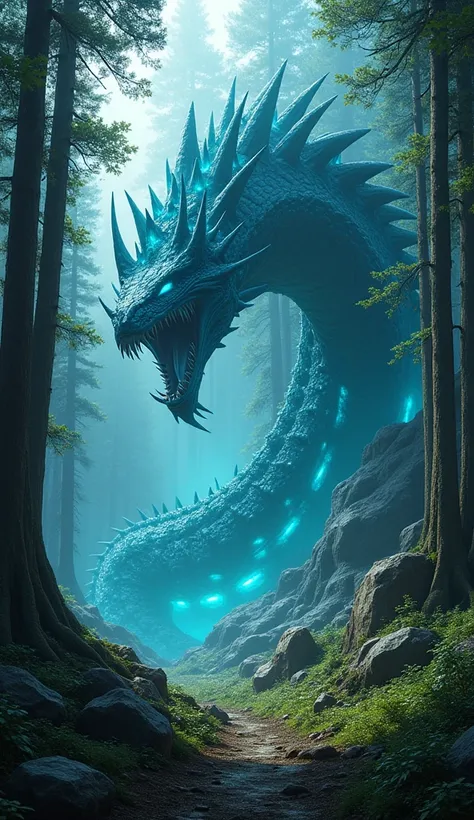 Imagine a colossal, serpentine titan with glowing cyan scales and massive, razor-sharp spines snaking through a forest. Its gigantic body crushes trees effortlessly as it moves, and its glowing eyes cast a menacing light over the dense canopy. The creature...