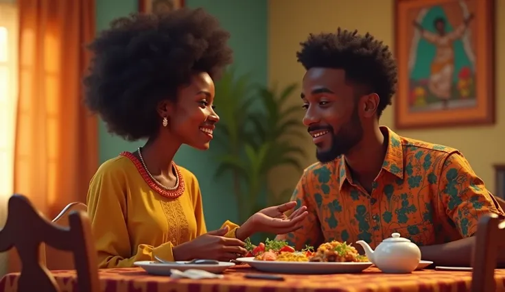 An image of a young African couple standing in the dining. The woman should be seen presenting food to hungry husband.