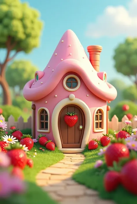 cute pink house, strawberry garden and flowers, 3d style, detail, high quality, inspiration like strawberry shortcake cartoon