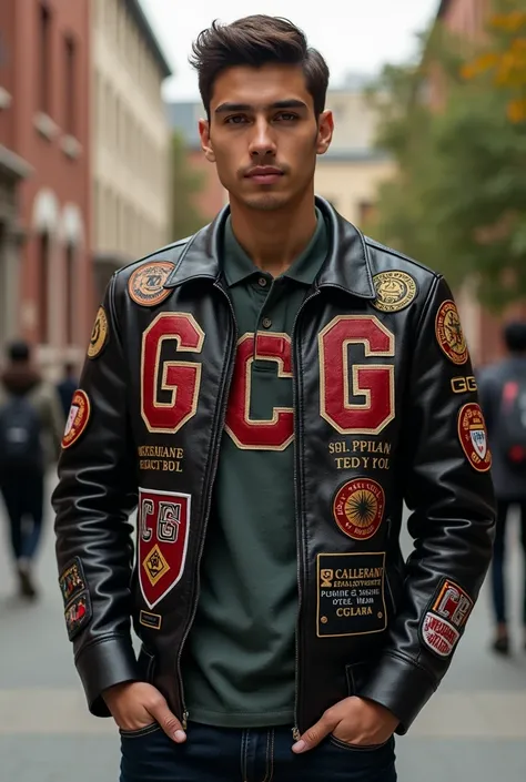 Leather jacket containing the letters GCG university style and patches of different types around it 