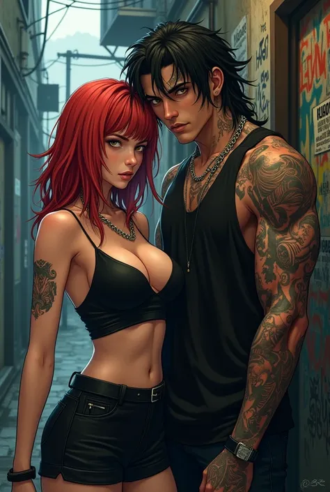 A 29-year-old woman with red hair, little black top with a black skirt, a chain and a tattoo, and a 24-year-old black man with dreads, ties and tattoos in brother and sister mode, gangster anime 