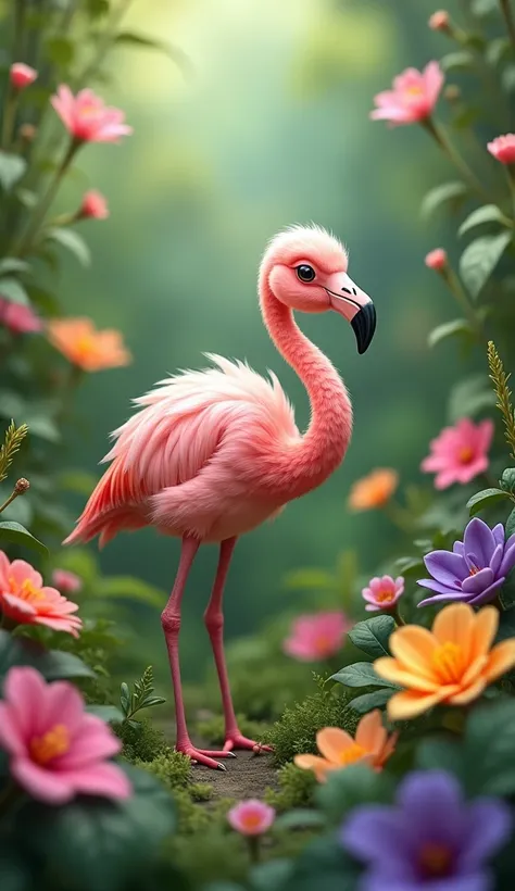 A baby flamingo in a garden