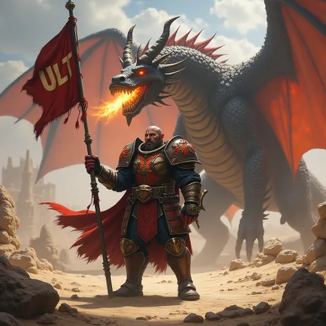 StarCraft hero Raynor, wearing a samouraï armor, fuzzy and frightening, holding a shield and a flag with word ULT on it, behind him a big dragon with scales and pitting fire, Both surrounded by ruins of buildings and desert, fantasy style