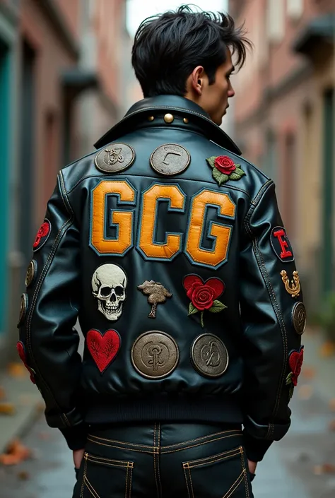  leather jacket containing the letters GCG university style and skull patches, hearts, weights and roses around 