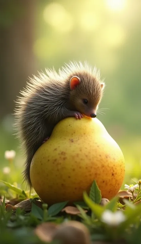 A baby porcupine on top of a Pear