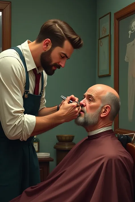 A barber with his face to the side cutting the hair of a bald guy with a bad breath 