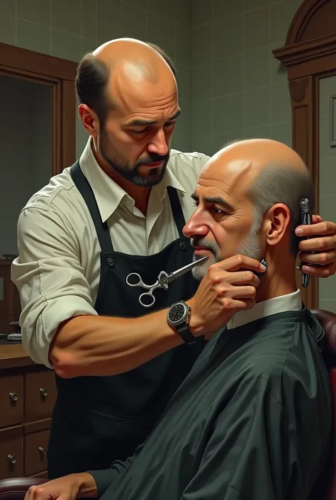 A barber with his face to the side cutting the hair of a bald guy with a bad breath 