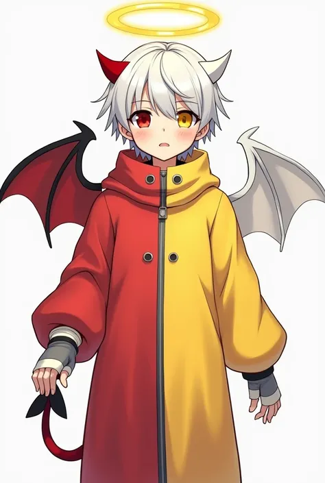 Draw a yough boy that at his left parts red clothes and got one left demon wing and one red demon horn, at his right parts he got yellow clothes and he got a right angel wing and half halo,white hair,gray paths and gloves,red left eye and yellow right eye,...