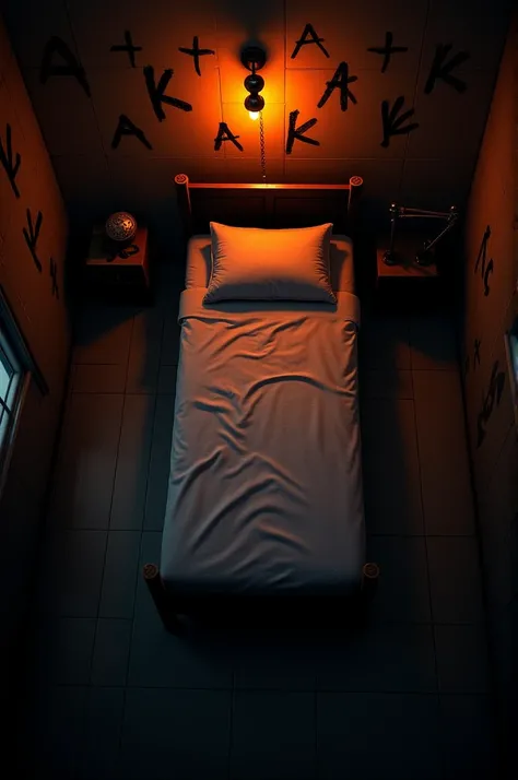 Single bed in a black and orange dark but very private room with a trap and drill style song tied with a chain on the bed and a few AK words in a beautiful font several places in the room written from the top view
