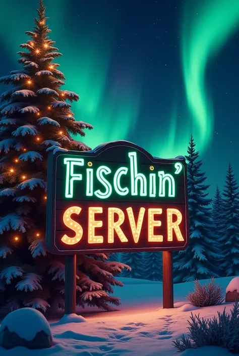 A sign that says The Fischin server with the fisch logo on it and northern light in the background and Christmas tree