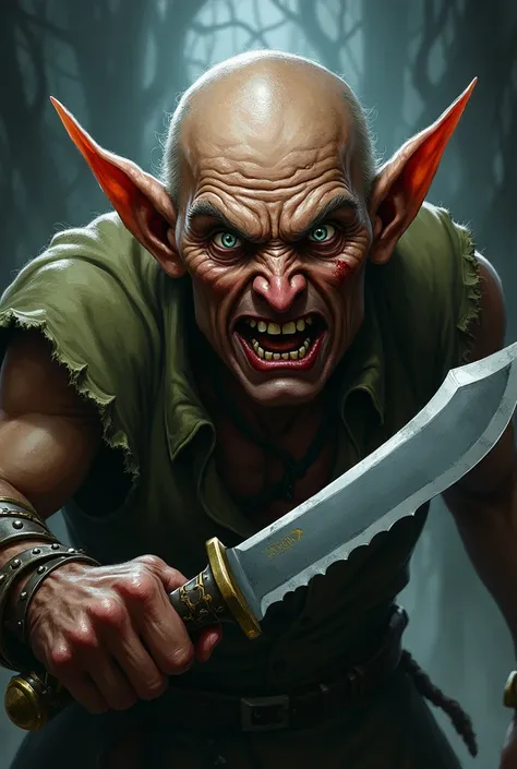 adult male elf, D&D character art, slasher, knife, wide eyes, stare