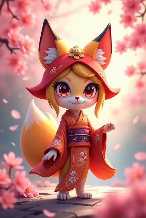  Character from Brawl Stars ,  “Lolo” character with kitsune skin, sakura blossoms in the background .