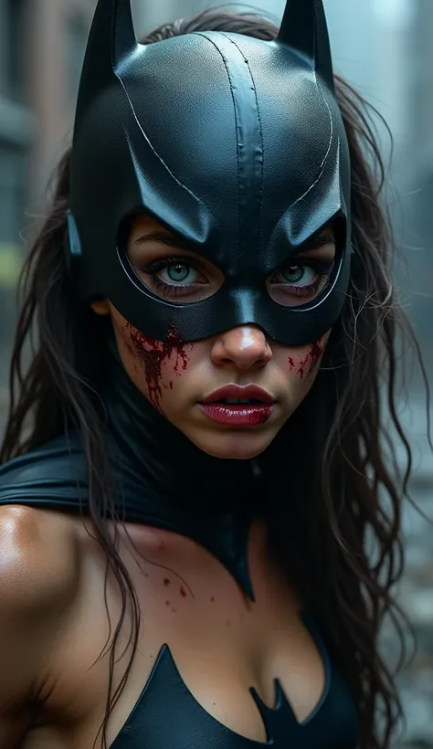 A highly detailed Anllela Sagra, 19 years old, as Batgirl after a savage beating. Her face is severely injured, with her left cheek grotesquely swollen and discolored in shades of deep blue and purple from a heavy punch. Both eyes are surrounded by dark br...