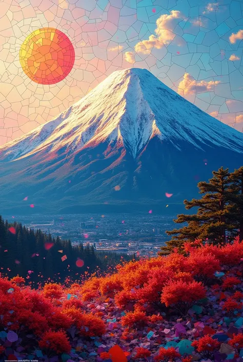 Mount Fuji, glorious painterly patchwork art piece made from colorful broken glass shards, effective effects, bold and dynamic, contrasts of light and shadow, 2.5D, artistic photography, hyper realistic, ultra detailed, absolutely resolution, masterpiece