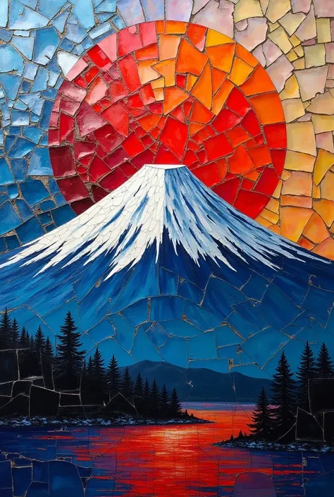 Mount Fuji, glorious painterly patchwork art piece made from colorful broken glass shards, effective effects, bold and dynamic, contrasts of light and shadow, 2.5D, artistic photography, hyper realistic, ultra detailed, absolutely resolution, masterpiece