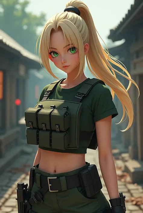 full body portrait of a beautiful woman, Ino Yamanaka, long blonde hair, tied high like a ponytail, long, slanted bangs, falling over the right side of her face, green eyes, cosplaying as an army soldier, wearing a cropped t-shirt and wearing a bulletproof...