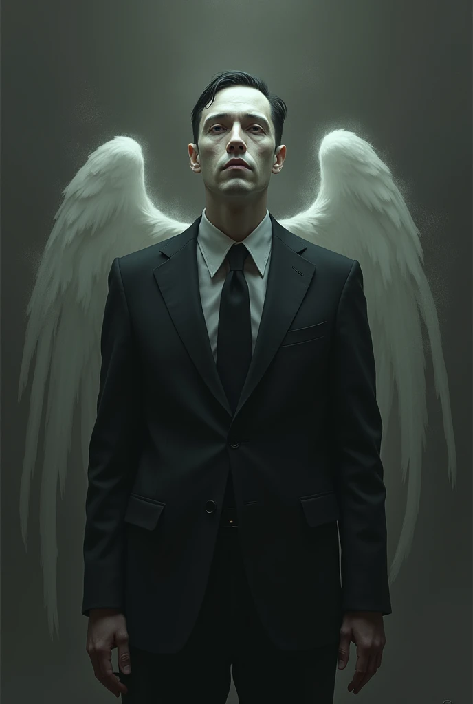  White-skinned man wearing a suit and tie with short black hair, angel of death 