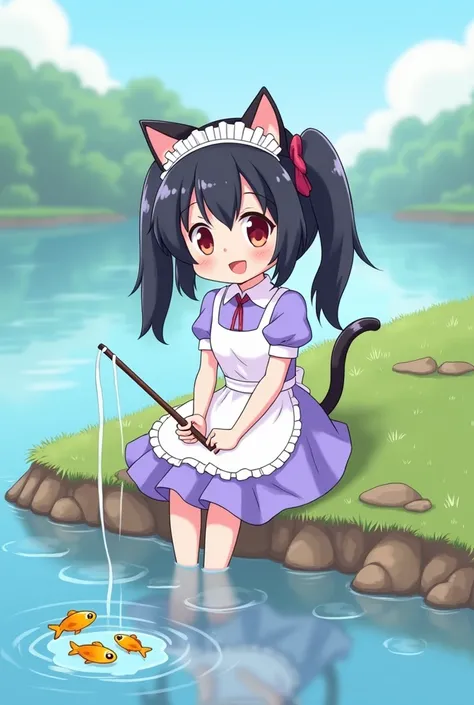 Kawai chibi cartoon of a teenage maid with cat ears and black hair with a hairstyle with two long pigtails in a lilac uniform with a pompous skirt and white apron sitting with her legs crossed on the shore of a lake with a fishing rod fishing in the lake a...