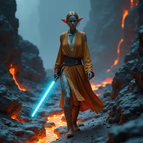  Woman with mottled skin like a giraffe . Eyes like a giraffe .  Slim, elongated ears .  Short hair up to her shoulders in tan color .  Wears jedi robes in cyan and orange .  Wear brown boots .  In his left hand is holding a cyan-colored single-leaf lights...