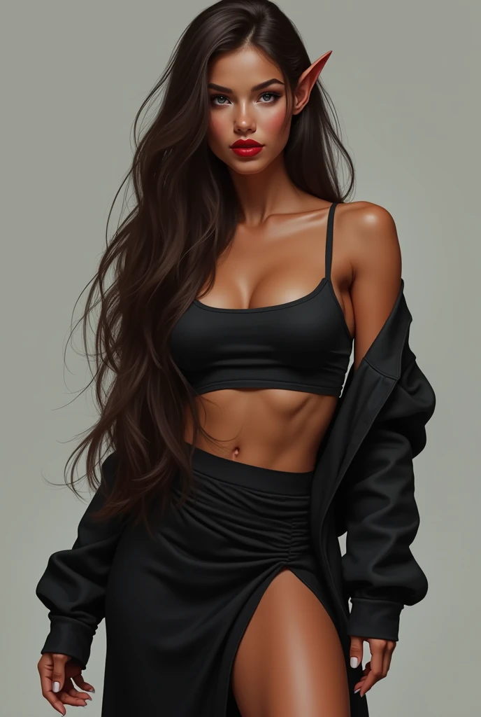 Photorealismo , Woman with very long hair  , brown color with gray reflections  ,   thick lips red lipstick  , big big,   brown skin , grey eyes,   pointy ears, Athletic, bulging legs , bulging cufflinks , black single sleeve top , long skirt with thigh op...