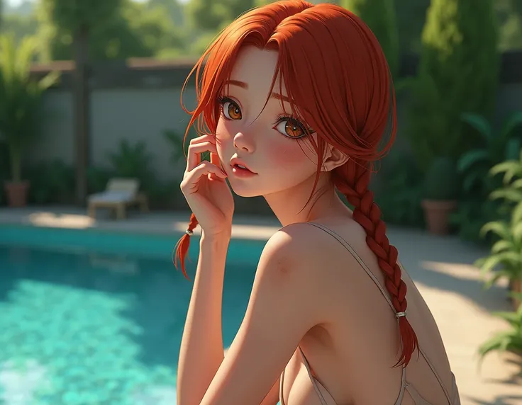  anime-style art , highly detailed, 4K, beautiful, beautiful, Country woman,  20 year old , red-haired, WITH FRECKLES,  braids in the hair, model, Sensual,  Cinematic, symmetrical, highly detailed,  sitting by the pool,  without clothes
