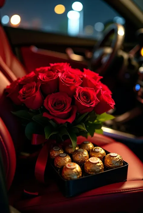  image shows a bouquet of red flowers wrapped in black paper with a red ribbon, placed in the passenger seat of a luxurious vehicle . Below the bouquet ,  is a box of Ferrero Rocher chocolates .  The combination of flowers and chocolates suggests that this...