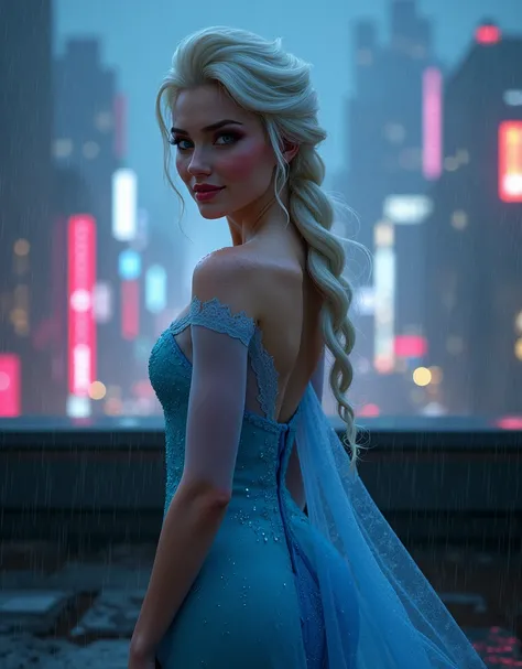 Elsa from Disney Frozen, wearing her blue princess dress, beautiful sexy hot attractive 22 year old girl, white hair with braided hairstyle, open chest, fair skin, fair white skin, sexy dress, huge breast, downblouse , cleavage, beautiful eyes, , beautiful...