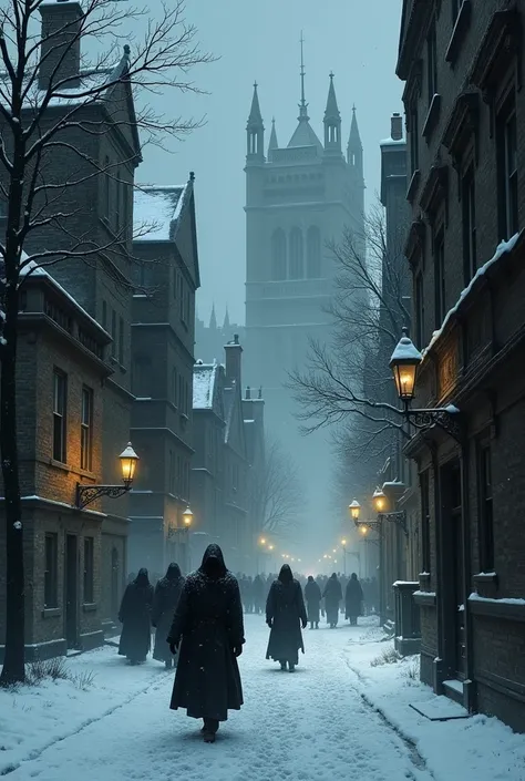 Ilustration English city high tense in 1647 nightmare snow in city