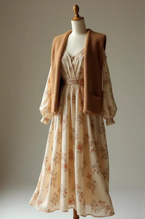  A mannequin next to it has a midi dress with flowers and a wool vest .  The dress has a floral print in soft tones , and it looks so delicate .  The wool vest over it makes it look warmer and more rustic ,  but elegant .  Its perfect for an autumn day whe...