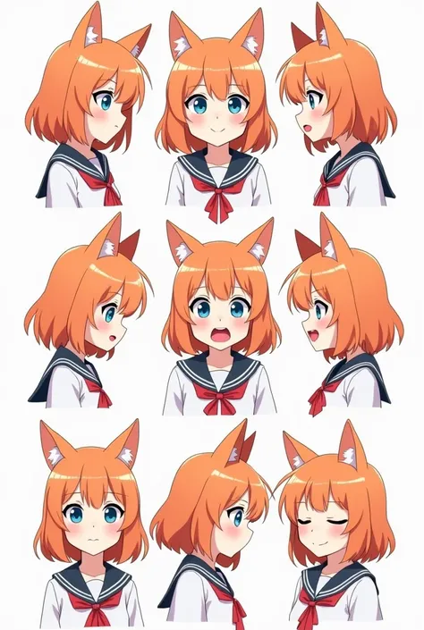  girl, multiple poses derived angle facial expressions lip expressions variations white background blue eyes orange hair anime style anime illustration 8k HD school clothes face da Delicate fine expressive cat ear