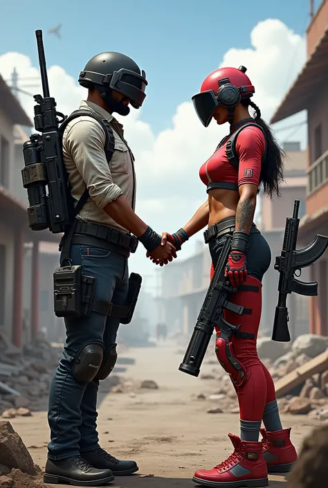 A picture of him shaking hands with a character from a PUBG game and a character from a game 
 Free fire