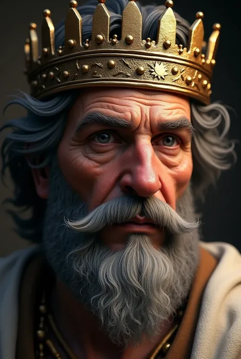 Realistic image of King Solomon, Age 50 years,  Expression would be , wears crown, more focused image on your face from the front