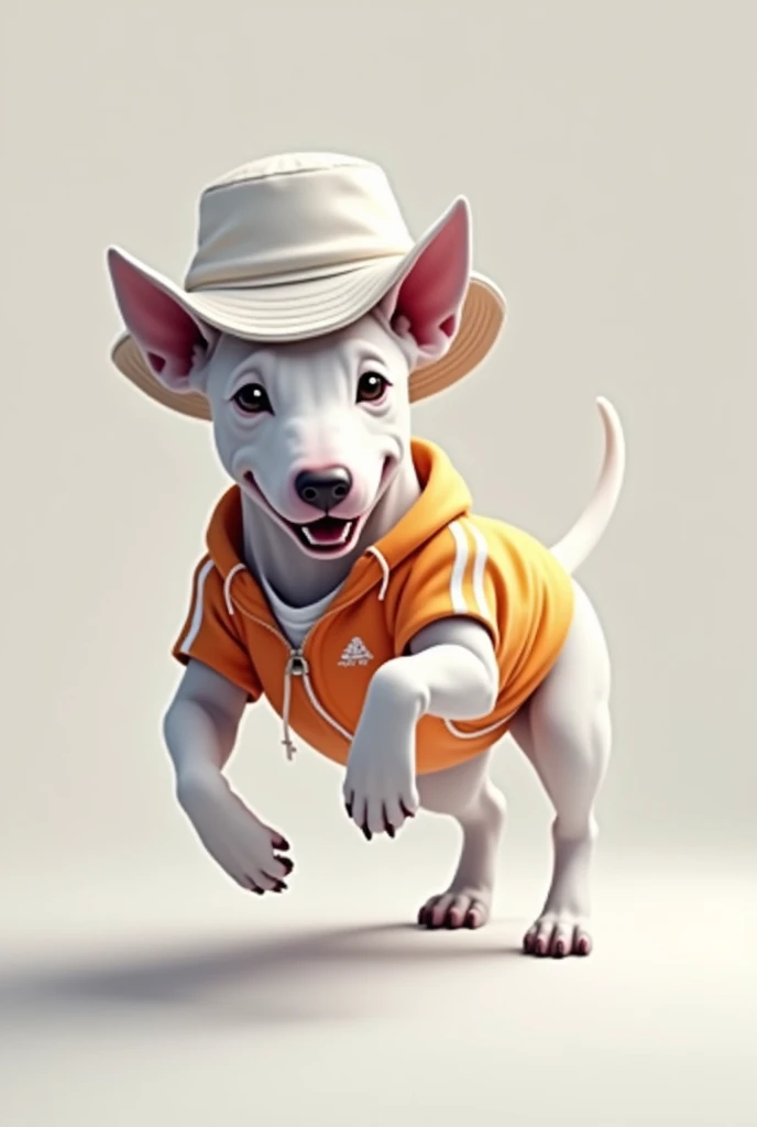  A white Bullterrier dog that wears sports clothing, outfit with white lines and wearing a bucket hat hat