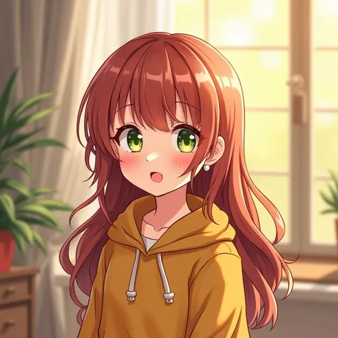  1 girl,  high definition ,  shortcuts, bangs, Reddish brown hair,  mustard colored hoodie , green eyes,I woke up in my room , the morning sun is shining through the window,Older sister,cute, animated illustration , character design drawing,