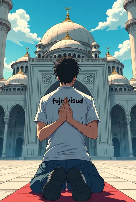  It says on his shirt  " FJRVISUAL " The man was praying in front of the mosque wearing a bag ,  anime style like hunter x hunter  , Killua 