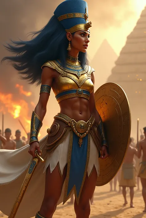 "Create a full-body image of Queen Nefertiti in a dramatic and intense warrior pose. She wears a reinforced version of her iconic blue crown, adorned with gold details and protective symbols like cobras and the Eye of Horus. Her golden breastplate is engra...