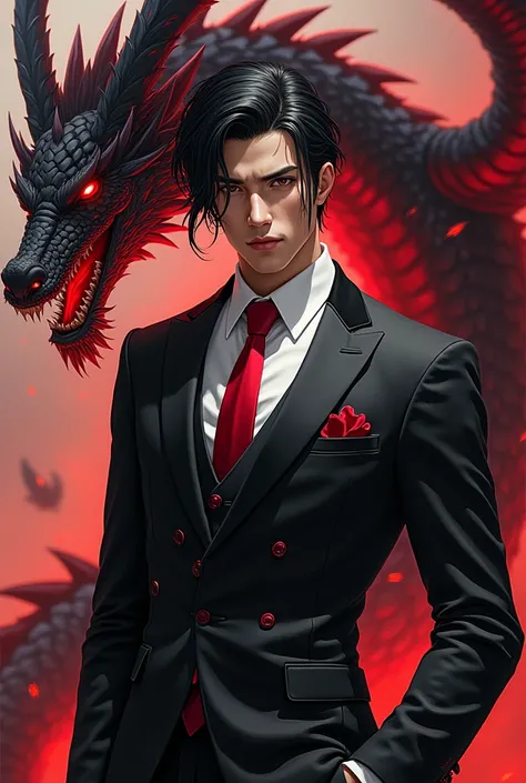  Anime man in a suit and tie with a dragon in the background,  Dragon-inspired costume, by Yang J, human-dragon fusion ,  handsome Japanese demon boy ,  handsome guy in the art of demon killer,  epic and elegant portrait ,  trend in artstation , by Oliver ...