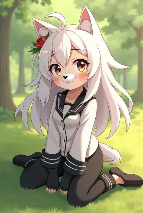  character , long white hair with bangs , blusa do Shadow de Sonic cor branca,  black pants ,  dog nose and ears accessory,  long black gloves  *Pose sitting on a grass smiling cute*