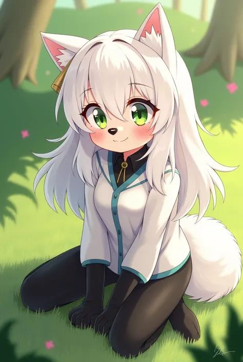  character , long white hair with bangs , blusa do Shadow de Sonic cor branca,  black pants ,  dog nose and ears accessory,  long black gloves  *Pose sitting on a grass smiling cute*