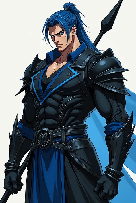  Chat could you create an image of a male character with navy blue hair in a ponytail, His body is ,  full bodied and muscles ,  on the face One eye black and the other blue ,  and some pieces of black armor with blue details  (manhwa style) MAKE HIM FULL-...